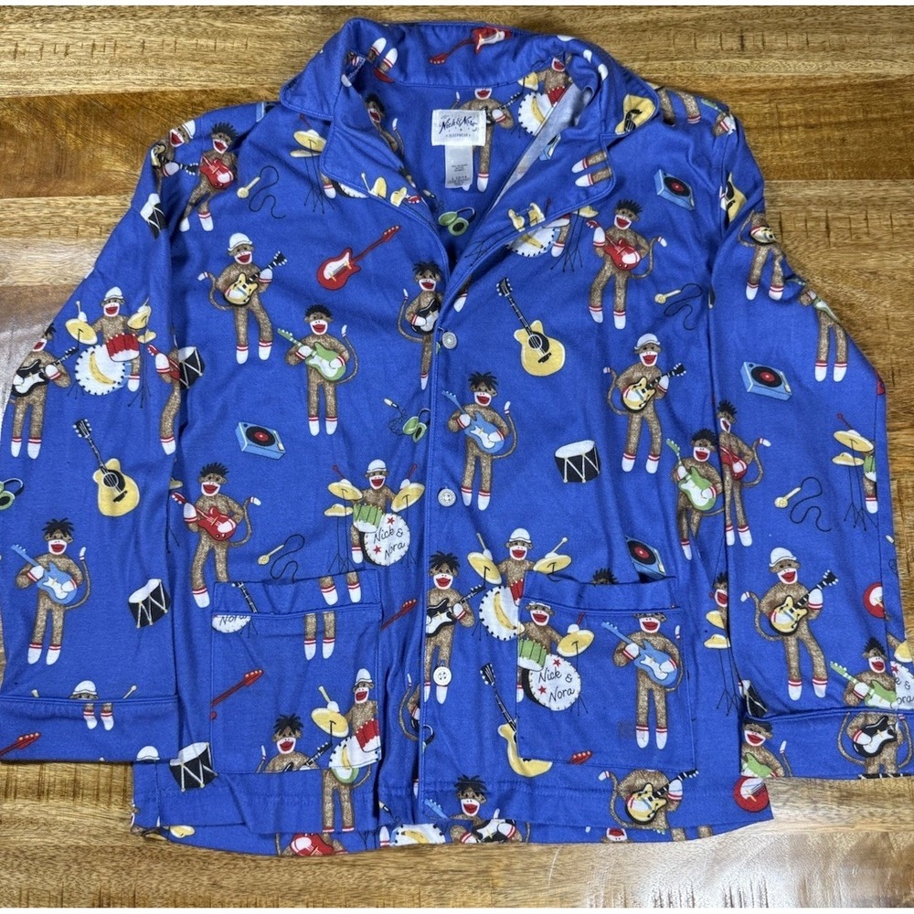 Nick & Nora Sock Monkey Band Pajama Top Kids Large 12 14 Blue Sleepwear